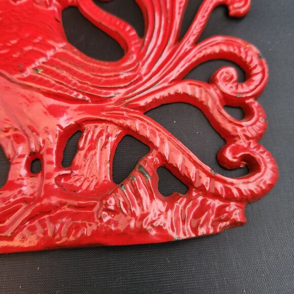 Cast Iron Rooster Wall Hanging Decor Red Enamel Set of 2 VTG Folk Art PA Dutch - Picture 6 of 9